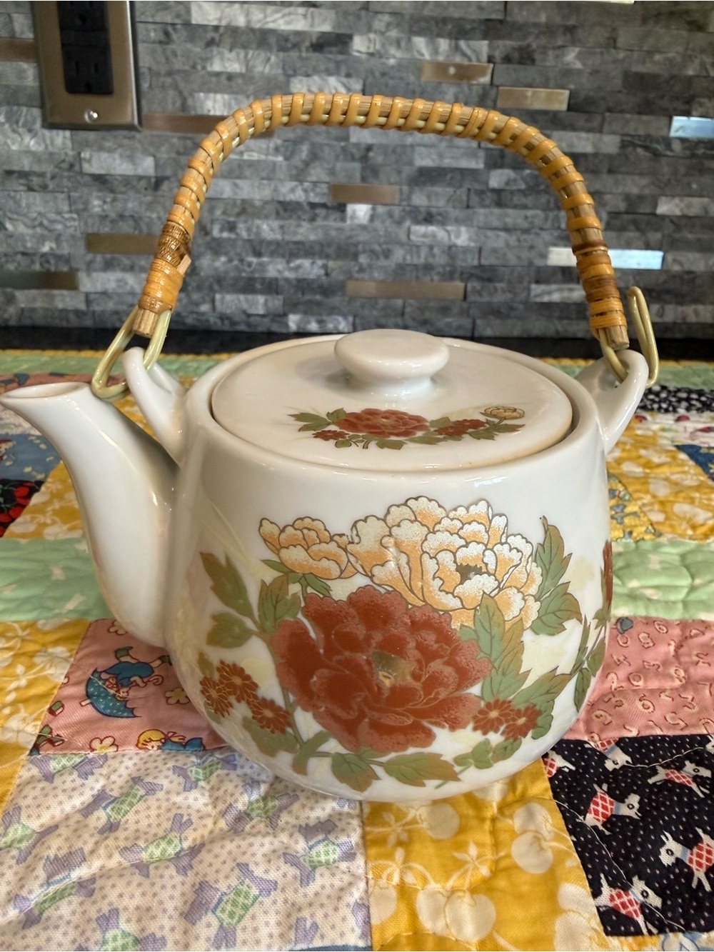 Vintage Cottage Core Japan Porcelain Floral Teapot with Bamboo Handle
